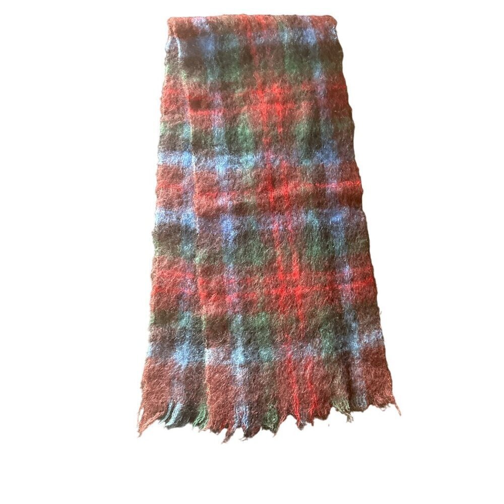 Red Blue Plaid Mohar Scarf Muffler Made in Scotland